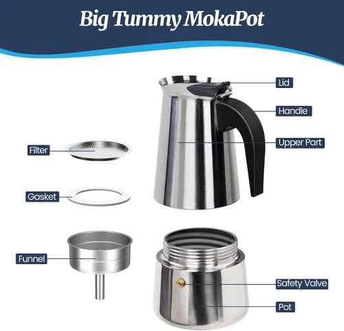 Miniatura 3 de 2 Tazas Moka de Acero Inoxidable 100ml Cafetera de Espresso Italiana para Estufa Cafeteras Moka Percolador Cafetera Greca para Estufa de Inducción
