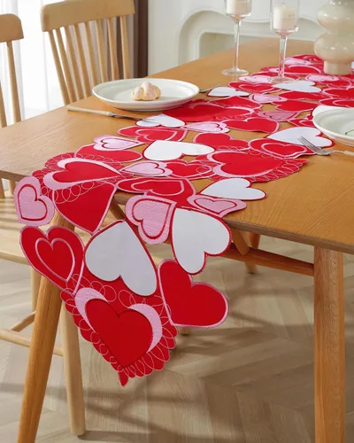 Miniatura 36 de Camino de mesa para el día de San Valentín, decoración del día de San Valentín, 70 pulgadas de largo, bordado rojo y rosa, camino de mesa de corazón