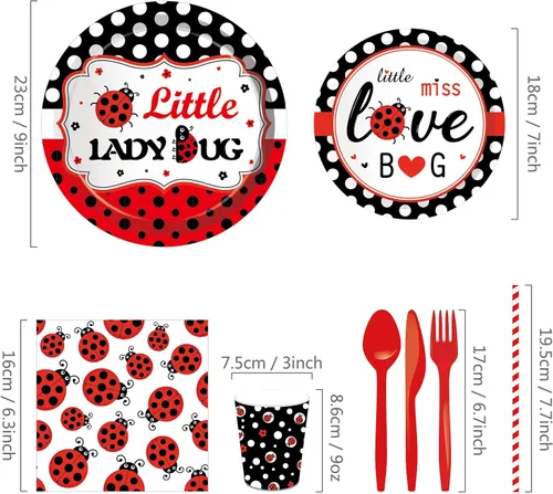 Miniatura 4 de 141 piezas de suministros para fiesta de cumpleaños de mariquita, kit de vajilla desechable con platos de lunares rojos y negros, vasos