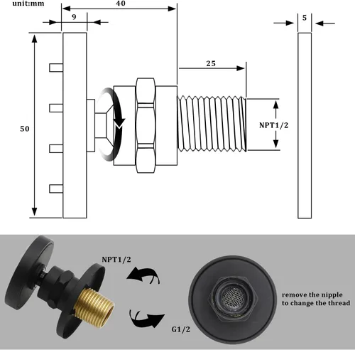 Miniatura 7 de HOMEDEC Cabezal de ducha redondo de latón de 2 pulgadas, para masaje, spa, soporte de pared, 4 piezas, negro mate