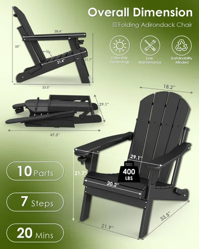 Miniatura 3 de GREENVINES Juego de 2 sillas plegables Adirondack Plástico HDPE Silla para hoguera Todo clima Portavasos Negro para terraza, patio