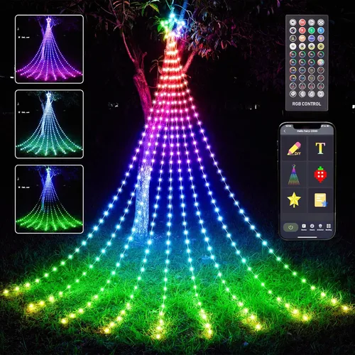 HOLILLUMA Decoraciones Navideñas para Exteriores de 12 Pies, Luces de Cadena de Cascada Colgantes Navideñas Inteligentes RGB que Cambian de Color,