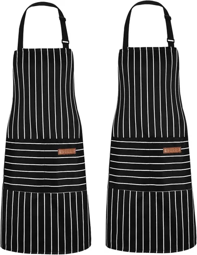 Miniatura 11 de Paquete de 2 delantales de cocina ajustables para mujeres y hombres con 2 bolsillos, delantales con peto de mezcla de algodón y poliéster