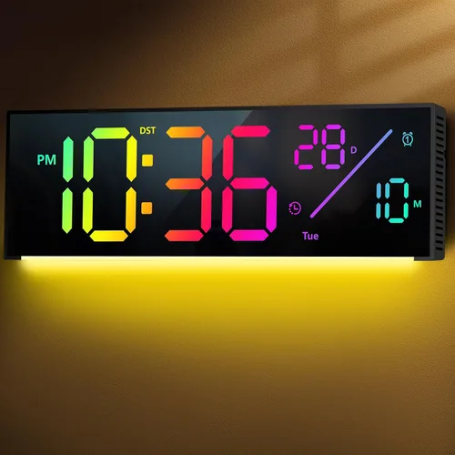 Reloj de pared digital, reloj de pantalla grande con 11 colores RGB, reloj de pared con luz nocturna, reloj despertador, fecha, semana, temperatura,