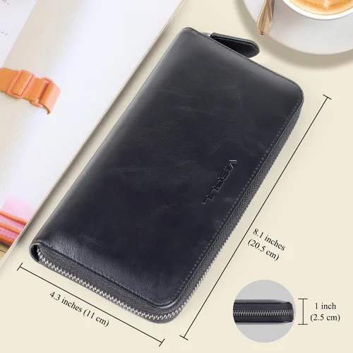 Miniatura 3 de VISOUL Cartera larga de cuero con cremallera para hombres y mujeres con bloqueo RFID, cartera larga de embrague grande con cremallera, Negro