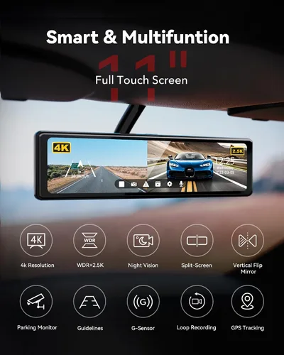 Miniatura 8 de REDTIGER Cámara de espejo T27 frontal y trasera, cámara de espejo retrovisor 4K+2.5K, pantalla táctil UHD de 11 pulgadas, cámara de respaldo