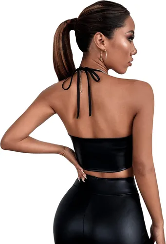 Miniatura 2 de SheIn Camisola de piel sintética con cuello halter para mujer, con cordones, sin mangas, sin espalda