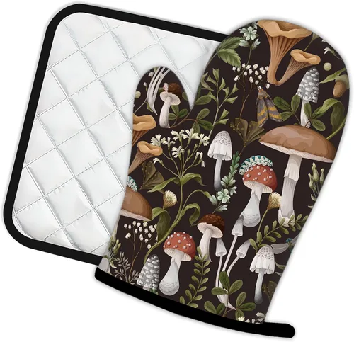 Miniatura 2 de Manoplas de horno de hongos y hojas y soportes para ollas de cocina, juego de 2 piezas, almohadilla resistente al calor para hornear, barbacoa