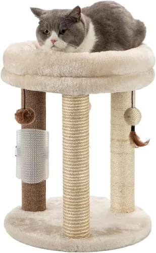 MECOOL Árbol pequeño para gatos 4en1, poste rascador con torre, cama suave, alfombra de sisal, postes de yute con tres juguetes de bola colgante y
