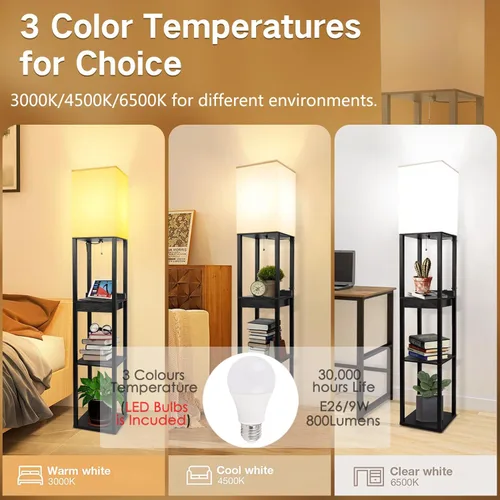 Miniatura 2 de Lámparas de pie para sala de estar, lámpara de pie alta con estantes y cajón, 2 puertos de carga USB y 2 tomas de corriente, bombilla LED brillante