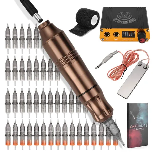 ATOMUS - Kit de máquina de tatuaje giratoria, cartucho estilo bolígrafo de tatuaje, ametralladora con fuente de alimentación, 50 piezas, agujas de