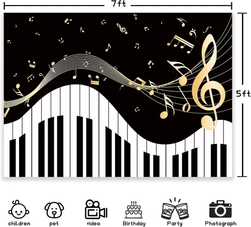 Miniatura 4 de Newsely Fondo de Tema de Piano 7 pies de ancho x 5 pies de alto Fotografía Notas Musicales Doradas y Teclado de Piano Fondo Elegante Moderno de Moda