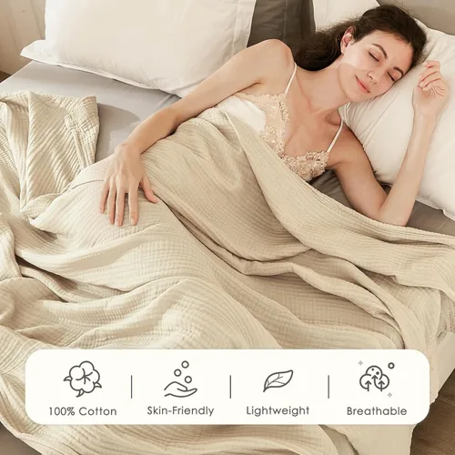 Miniatura 3 de EMME Manta de Muselina de Algodón King Grande Extragrande para Cama Colcha Cubrecama Beige Claro Gasa Transpirable Suave Ligera Mantas (120"x94")