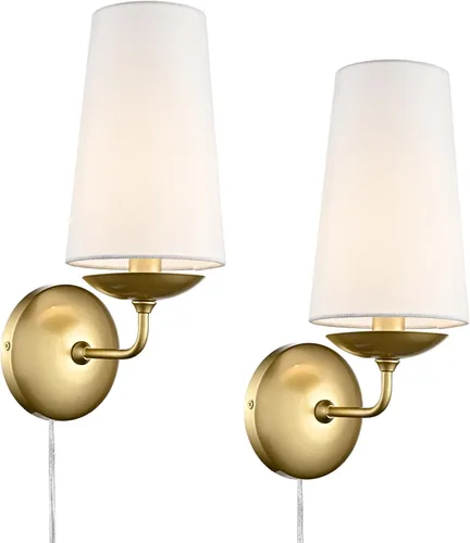 Apliques de pared dorados modernos juego de dos con pantalla de lino, lámpara de pared enchufable o de instalación fija para dormitorio, sala de Oro