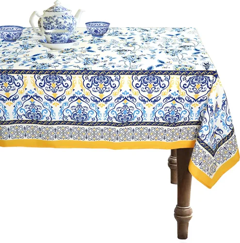 Miniatura 13 de Mantel floral impermeable, mantel de campo francés ovalado azul y amarillo, 54 x 72 pulgadas, resistente a las arrugas y lavable, perfecto