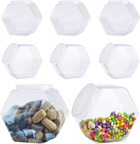CAGSIG Tarros de caramelo con tapas, paquete de 8 tarros de plástico para dulces con tapa, tarros de dulces hexagonales para cocina, recipientes