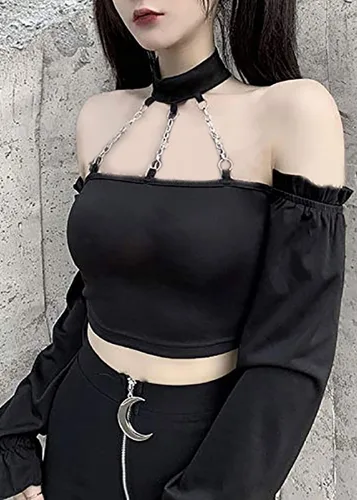 Miniatura 4 de Dark Punk Crop Top con Cadenas Mujer Punk Off Hombro Hueco Sólido Sin Espalda Tops