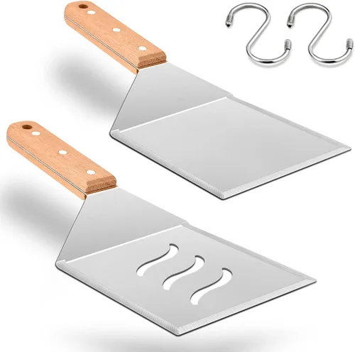 Miniatura 11 de HaSteeL - Juego de 2 espátulas de metal grandes de acero inoxidable con mango de ABS, resistente para hamburguesas y panqueques, ideal para cocinar