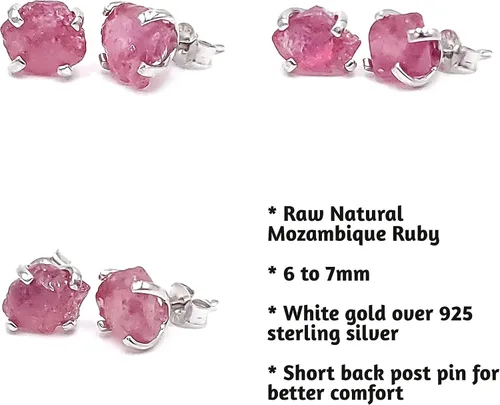 Miniatura 90 de Natural raw gemstone stud earrings with white gold over 925 sterling silver, 6 to 7mm rough genuine quality birthstone gift for her, Uniquelan