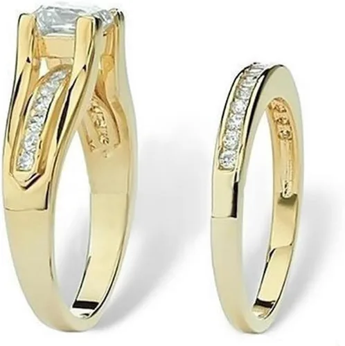 Miniatura 3 de His & Her 14K.G.P., conjuntos de anillos de compromiso y de bodas de 3 piezas en acero inoxidable para mujer y hombre.