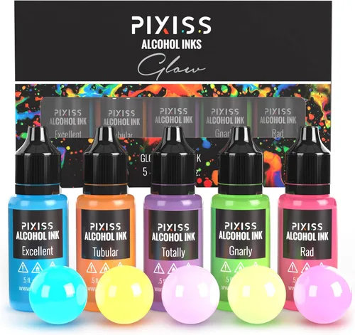 Pixiss Juego de tinta de alcohol que brilla en la oscuridad, 5 tonos de tinta de alcohol brillante para suministros de resina epoxi, papel Yupo,