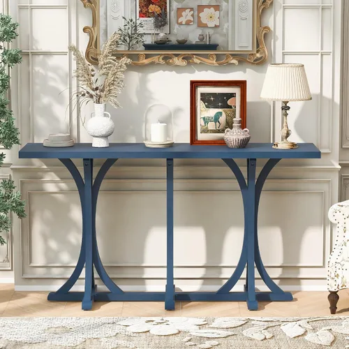 Miniatura 18 de Mesa de consola de madera de 152 cm con tapa de chapa de roble y patas curvadas delgadas de madera de goma, elegante mesa de sofá para sala