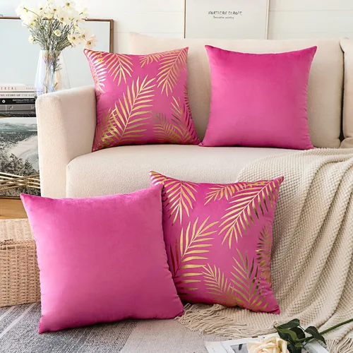 Miniatura 11 de OTOSTAR Paquete de 4 fundas de almohada de terciopelo suave con hojas doradas, fundas de almohada decorativas modernas, fundas de almohada B-black