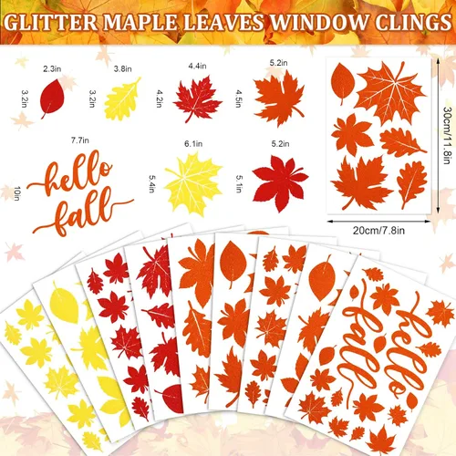 Miniatura 5 de Whaline 105 calcomanías de ventana de hojas de arce con purpurina de otoño, coloridas calcomanías de vidrio de doble cara para otoño, cosecha