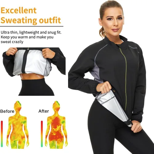 Miniatura 3 de NINGMI Traje de sauna para mujer, chaquetas de sudor, camisa de entrenamiento, manga larga, adelgazante, con cremallera, moldeador de cuerpo