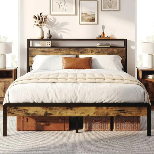 LIKIMIO Base de cama tamaño Queen, cama de plataforma con cabecera de almacenamiento de 2 niveles, sólida y estable, sin ruido, no necesita somier,