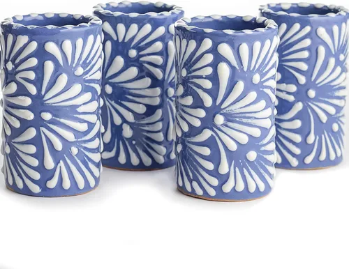 Miniatura 24 de Juego de 4 vasos de chupito Talavera auténticos mexicanos para tequila - Pintados a mano - 2 Oz (Flores naranjas)