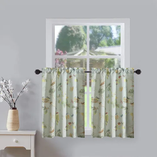 Miniatura 26 de Leeva Cortinas rústicas de cocina con estampado floral verde mezclado de lino para media ventana, para comedor, bolsillo para barra, cafetería