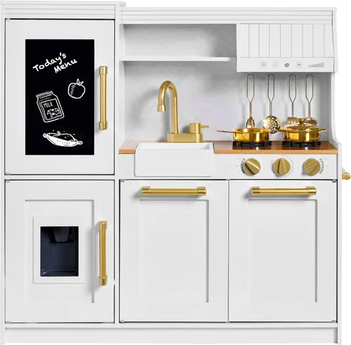 Miniatura 15 de Best Choice Products Juego de juguetes de madera para niños con diseño realista, teléfono, utensilios, horno, microondas, fregadero - negro