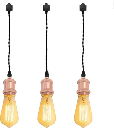 Miniatura 12 de Kiven 3 luces H System Track Mini colgante, soporte de lámpara con acabado negro perla, kit de luces de riel, colgante de rosa, tela trenzada