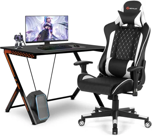 Goplus Juego combinado de escritorio y silla para juegos, estilo de carreras, estación de trabajo para jugadores con soporte lumbar y reposacabezas