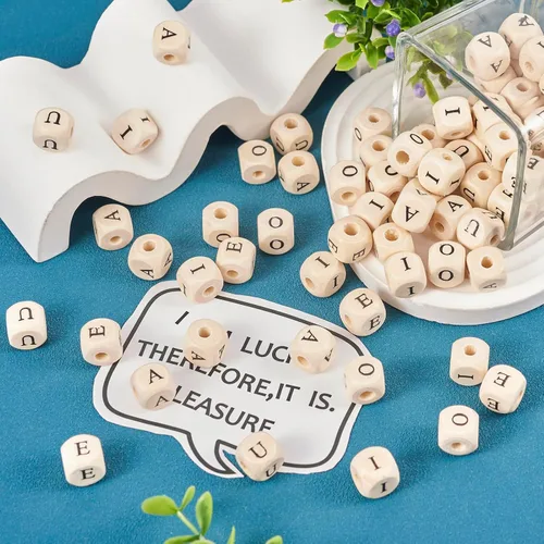 Miniatura 2 de KISSITTY 250 cuentas de madera con letras vocales de 0.472 pulgadas, cubo A E I O U inicial del alfabeto con agujero grande, cuentas espaciadoras
