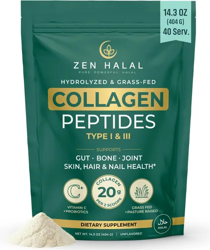 Colágeno en polvo con vitamina C y probiótico (0.71 onzas de proteína) Péptidos de colágeno halal alimentados con pasto puro para mujeres, sin sabor