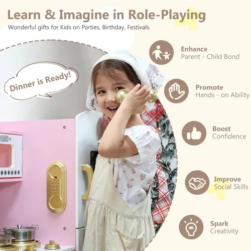 Miniatura 3 de Kinder King Cocina de madera para niños, juego de cocina de juguete para niños pequeños, horno de simulación, microondas, teléfono, pizarra, puertas