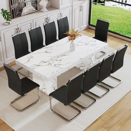 Miniatura 36 de gopop Mesa de comedor de mármol de 63 pulgadas, tablero de mesa de comedor MDF con patrón de mármol y base para cocina y comedor.