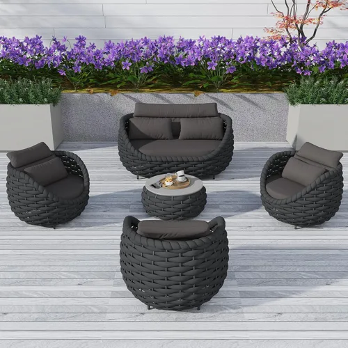 Miniatura 60 de TWT 3-Piece Woven Rope Patio Furniture Set, 2 Outdoor Armchairs with Soft Cushions + Round Aluminum Coffee Table, All-Weather Conversation Set for