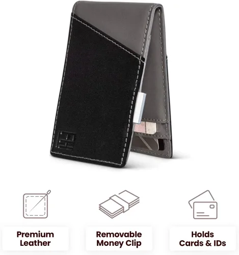 Miniatura 6 de FH Signature - Cartera delgada con bloqueo RFID para hombre con clip de metal para dinero en cuero de grano superior Negro Gris 425 x 275 Cartera