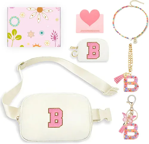 Miniatura 18 de Regalos de moda para niñas adolescentes, cangurera con monograma para niña con llavero, collar, dijes de taza, tarjeta de felicitación y caja