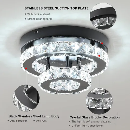 Miniatura 4 de Lámpara de araña de cristal moderna de 9.8 pulgadas con montaje empotrado al techo, mini lámpara de araña negra con iluminación LED para dormitorio