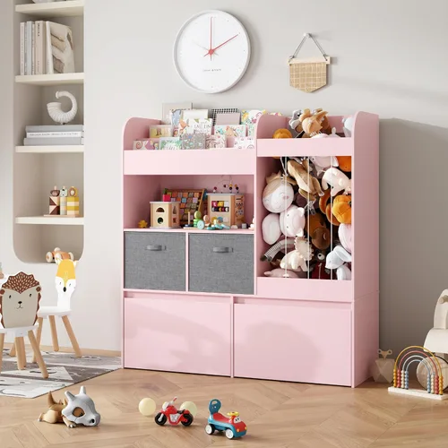 Miniatura 8 de Soporte para animales de peluche, estantería para niños con tapete de juego, almacenamiento de juguetes de madera con 2 cajones móviles y estantería