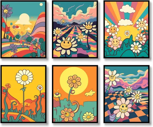 Juego de 6 impresiones de arte de pared hippie retro, lienzo de flores hippie de los años 60 y 70, pósteres vintage, abstracto, minimalista,