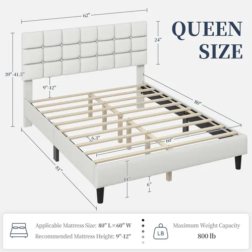 Miniatura 2 de Yaheetech Marco de Cama Tapizado, Plataforma de Cama Queen Moderna con Cabecera de Capitoné con Costuras Cuadradas y Botones, Altura Ajustable, Beige