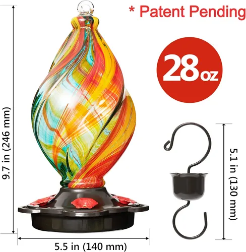 Miniatura 6 de LUJII Comedero en espiral en forma de helado para colibríes para colgar en exteriores, vidrio soplado a mano, 28 onzas líquidas, a prueba de fugas