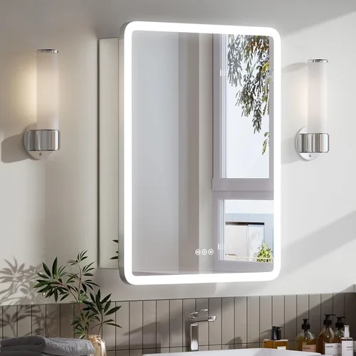 Botiquín de 16 x 24 pulgadas con luces (con bisagra izquierda), marco de aleación AL, empotrado o superficie, enchufable o cableado, 2