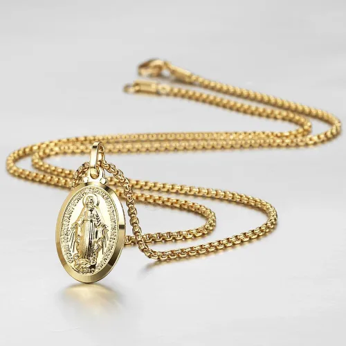 Miniatura 4 de Collar de Virgen de Guadalupe de oro amarillo de 18 quilates, joyería religiosa, dije de Nuestra Señora, Virgen María, collares con dijes