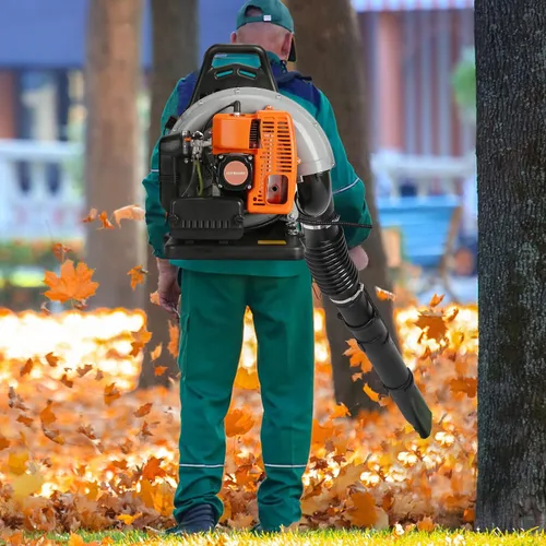 Miniatura 8 de Soplador de hojas de mochila, 52CC 550 CFM 2 tiempos motor soplador de hojas de gas, soplador de polvo de alta resistencia para exteriores de Naranja